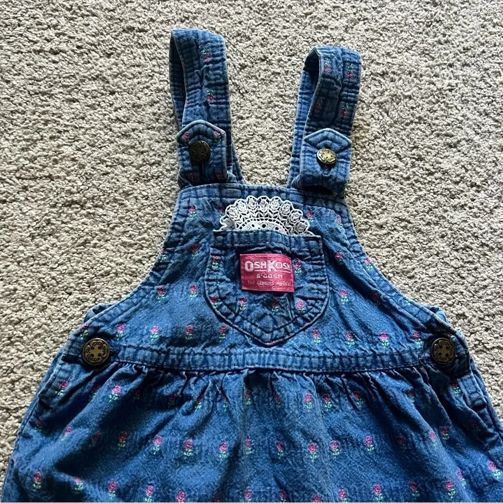 Vintage Oshkosh B'Gosh Girls 2T Vestbak Denim Rose Floral Jumper Union Made USA
